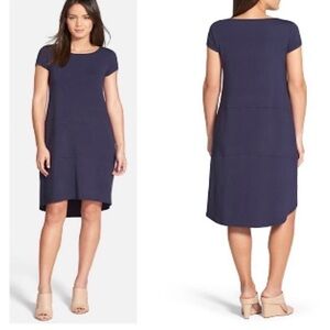 Eileen Fisher Bateau Neckline Jersey Navy Dress Pockets XXS